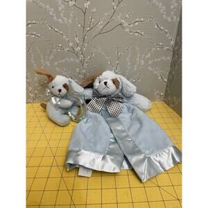 Bearington Baby Puppy Security Blanket Lovey & Plush Rattle Blue Tan Snuggler